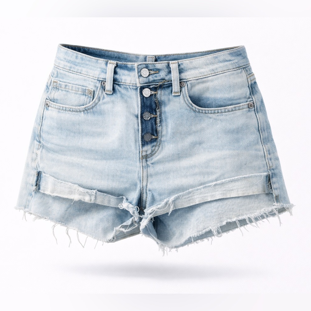 Zara Basic Denim Light Wash Distressed Button Fly Cutoff Shorts